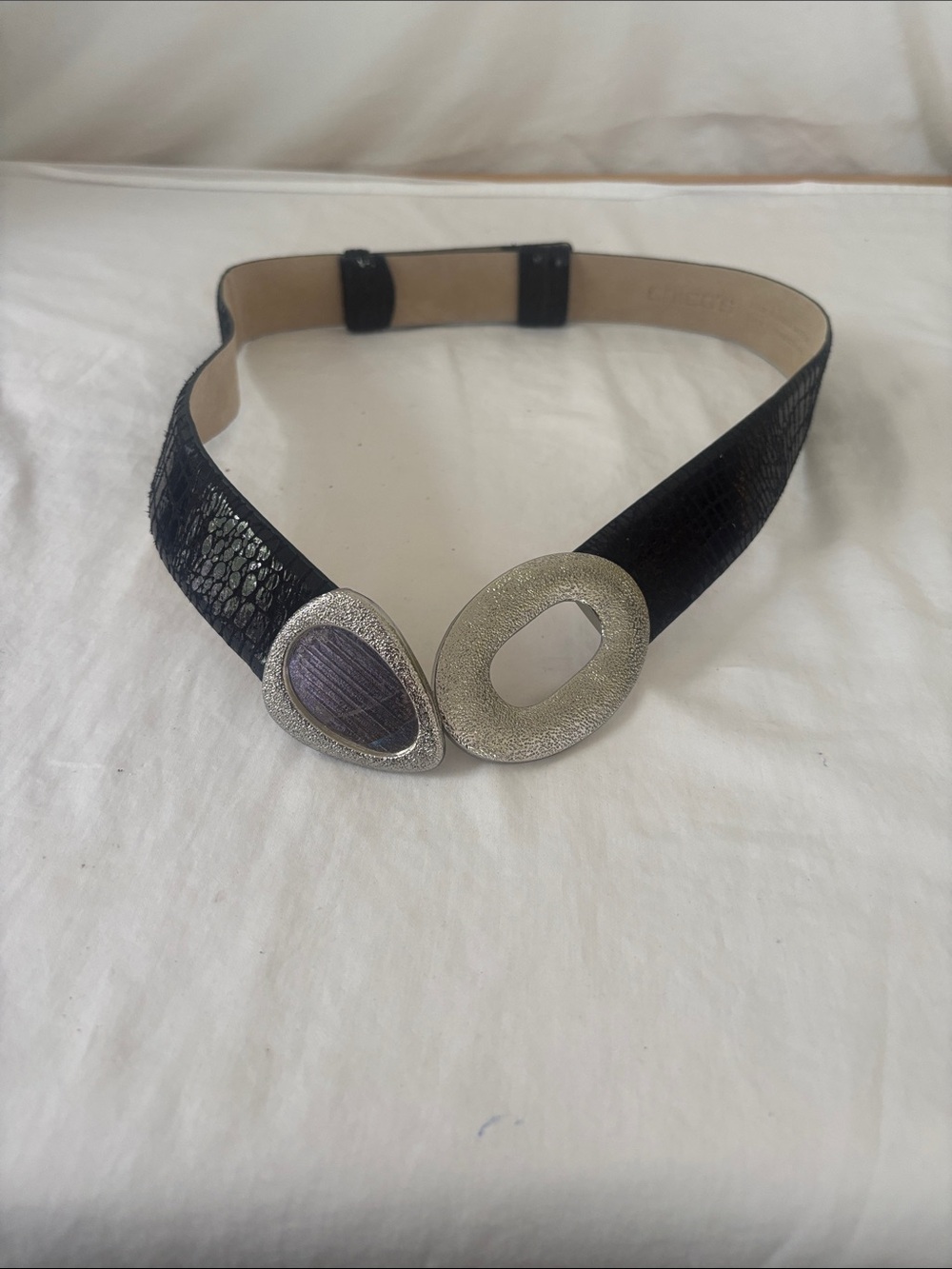 Chico's Black Textured Belt with Silver Sculpted Buckle Adjustable